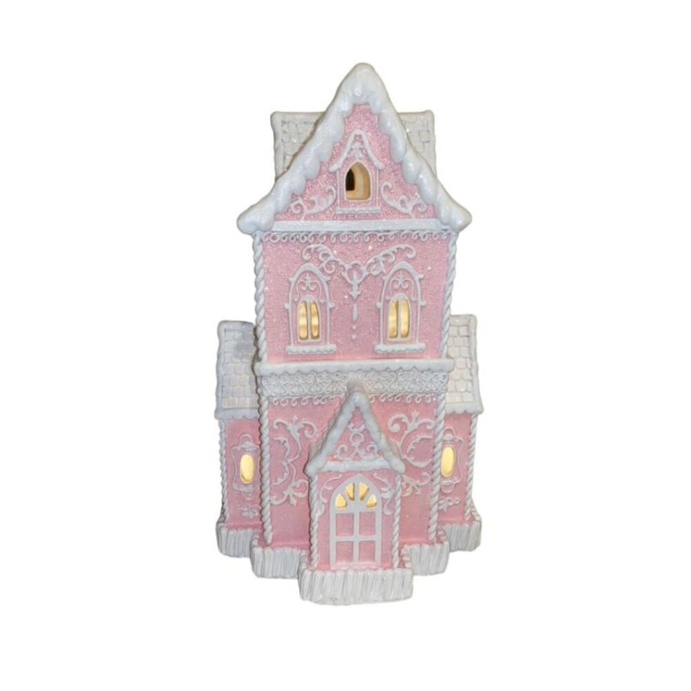 Christmas PINK Victorian Glitter Lighted Gingerbread Hand Painted House 14" NEW